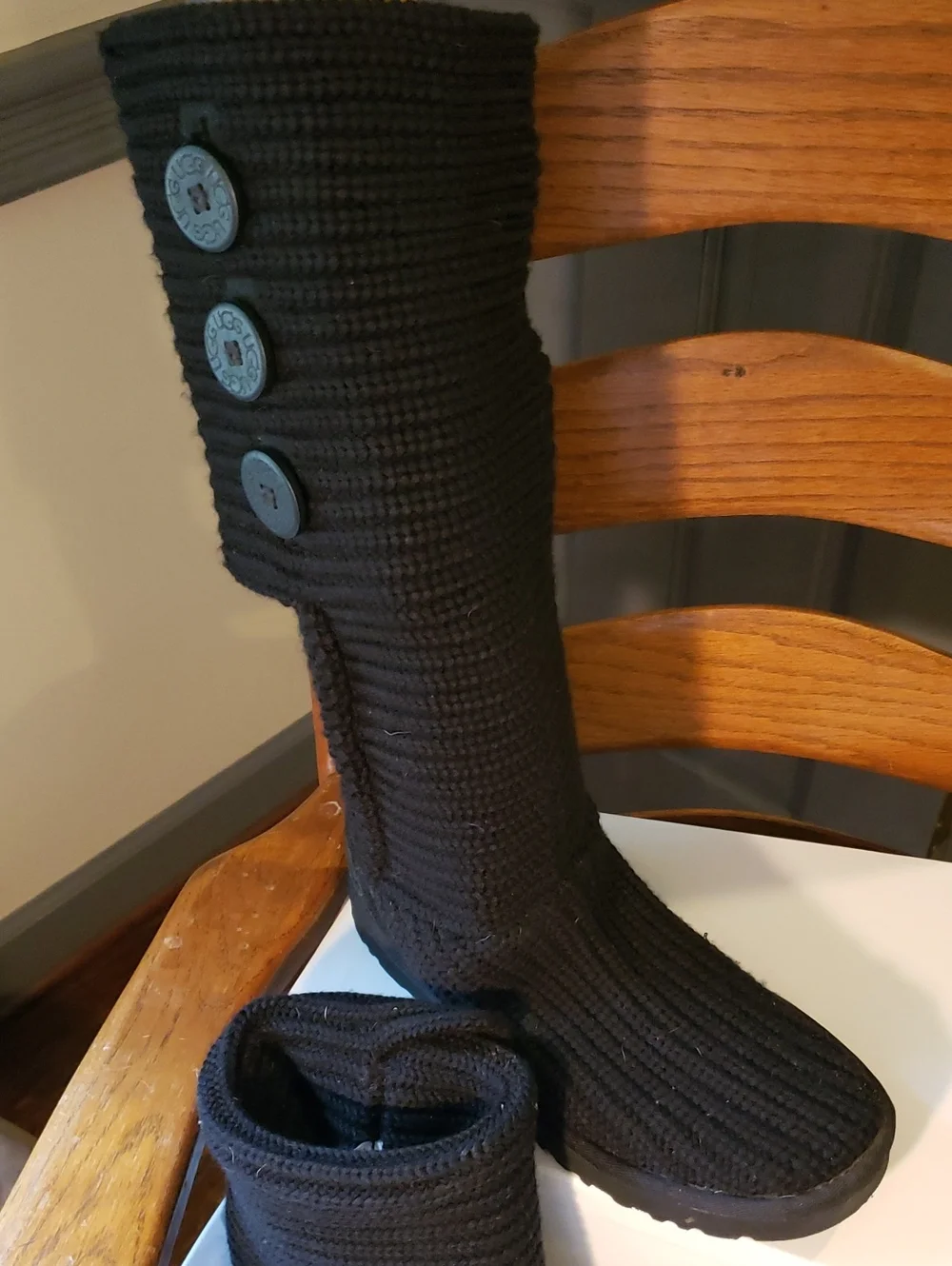 UGG Black Knee-High Cardy Knit Button Boot 7.5